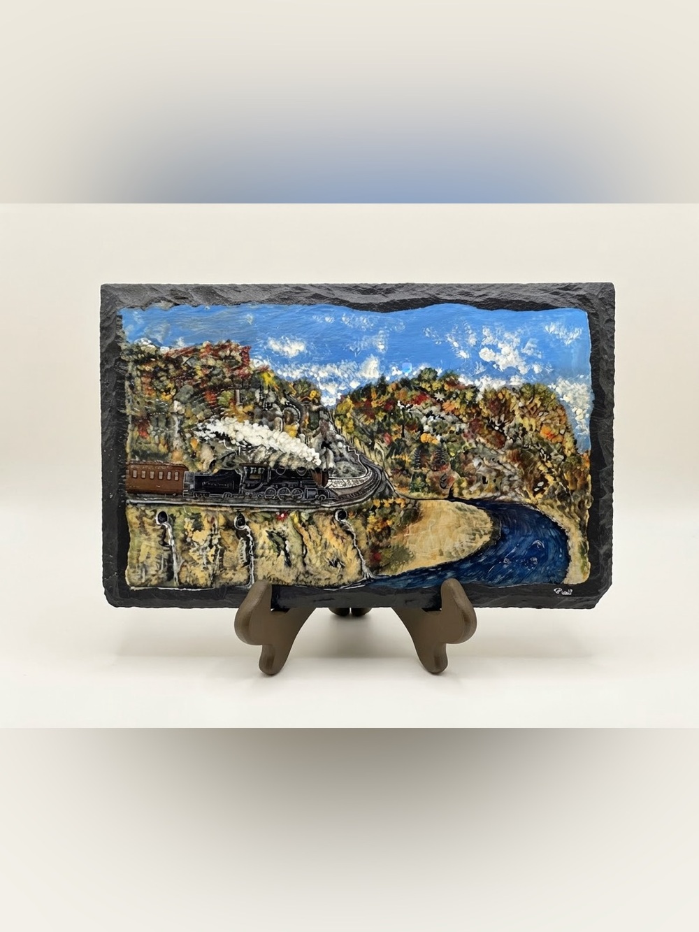 Hand-Painted Train Landscape Art on Natural Slate